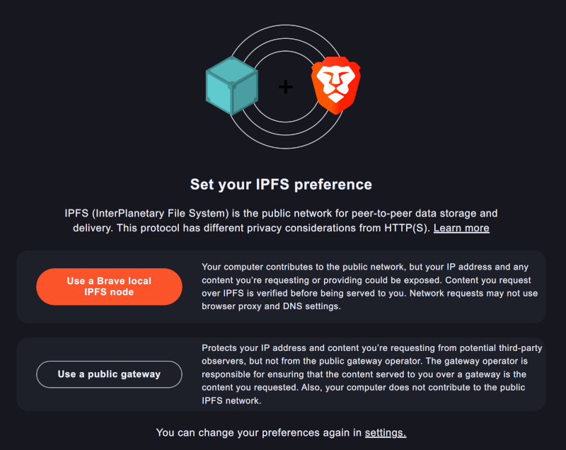 Brave's IPFS Preference Screen