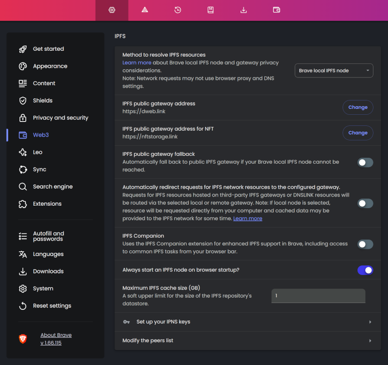 Brave's IPFS Setting Screen